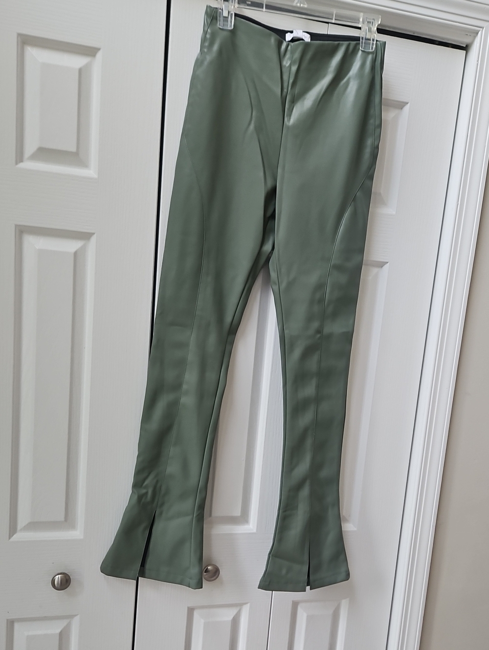Olive Green Leather Flare Pants